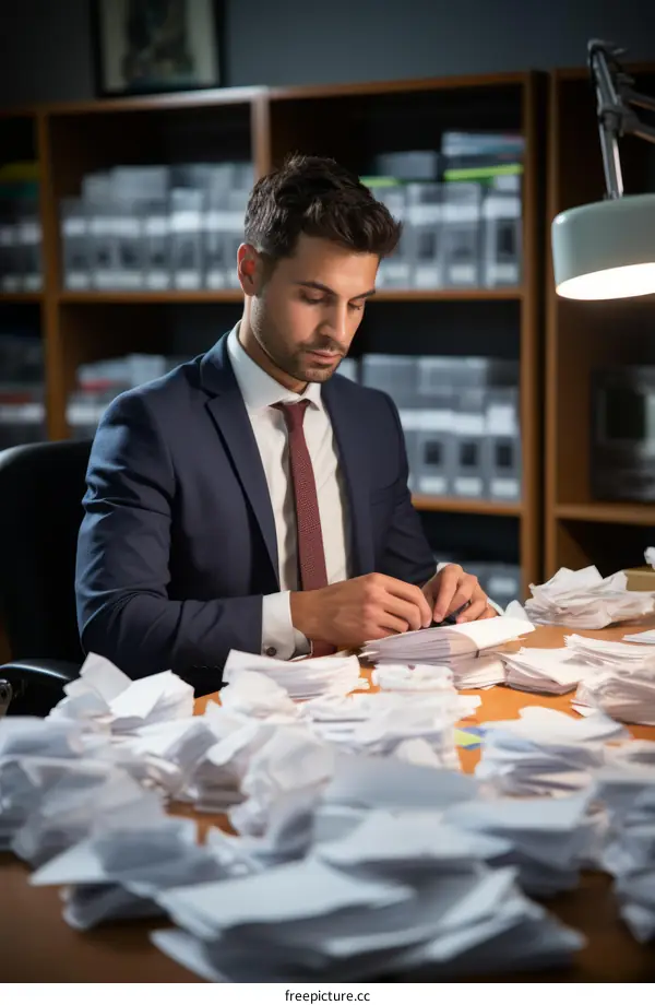 Young businessman working late in his office surrounded by paperwork