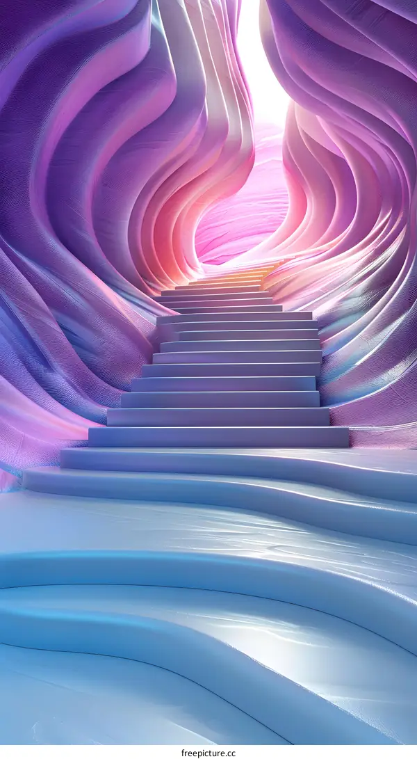 Surreal pink staircase in a futuristic geometric space