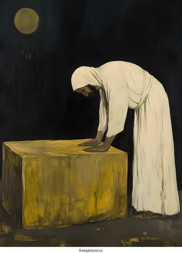 Man Praying Before a Golden Cube Under Moonlight
