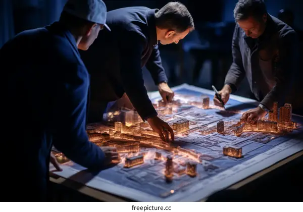 Three men in dark suits gathered around a glowing city model