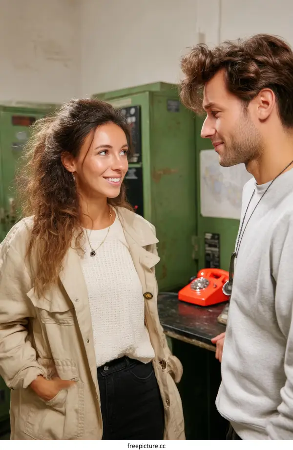Two Caucasian people conversation in a vintage room