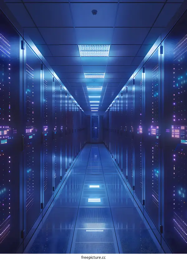 Server room with rows of server racks containing multiple servers.