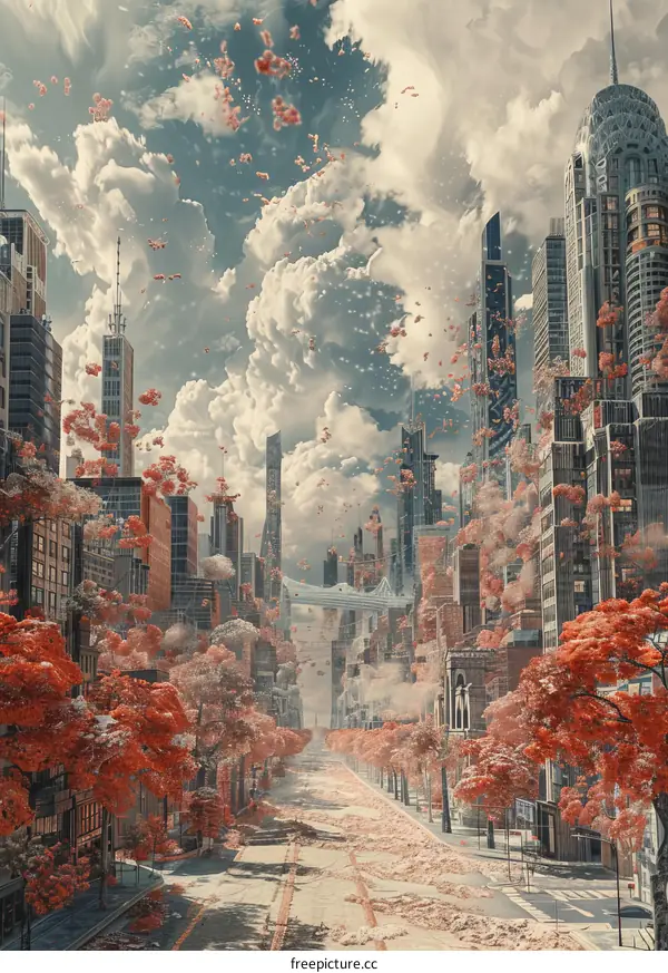 Futuristic Cityscape with Vivid Trees