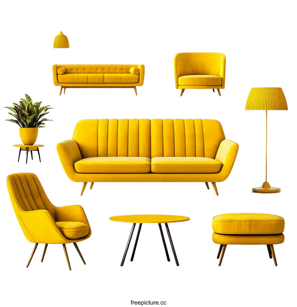 [Transparent Background PNG]Modern Yellow Living Room Furniture Set