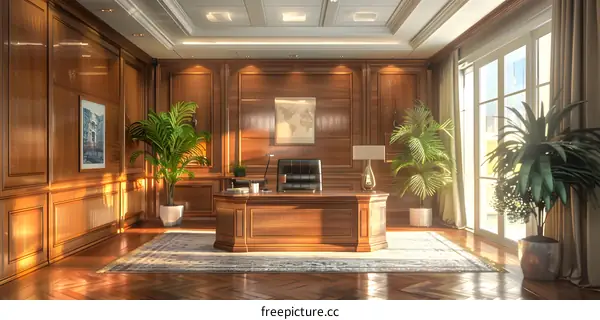 Luxury wooden office interior with large windows