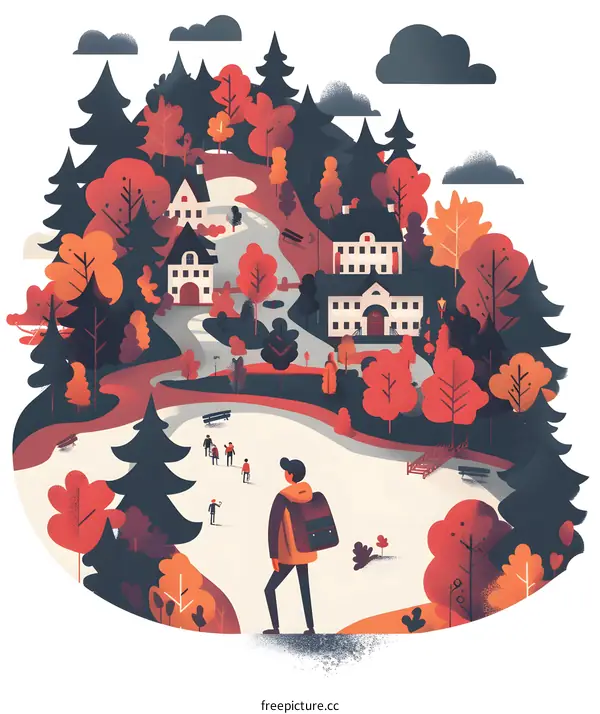 Walking in Fall Landscape with Colorful Trees and Buildings