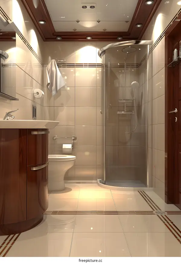 Modern Bathroom Design with Glass Shower Stall and Wooden Cabinet