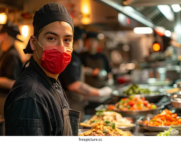 Portrait of a male chef wearing a mask in a commercial kitchen