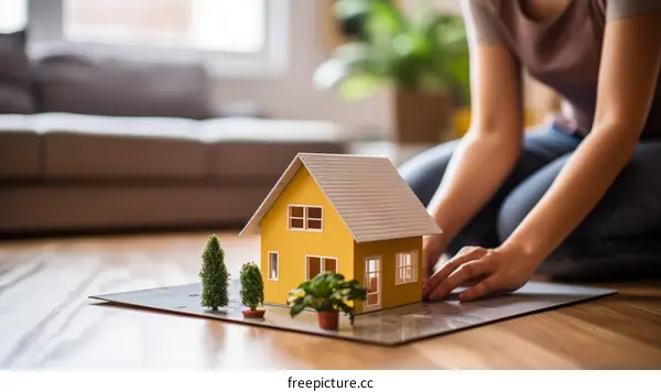 A woman is arranging a model house on a table