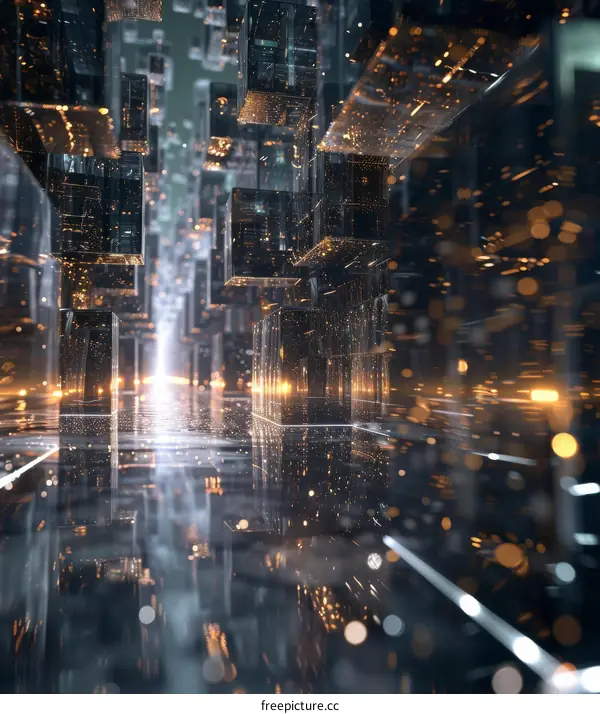 Glowing Blue and Yellow Cubes in Reflective Space