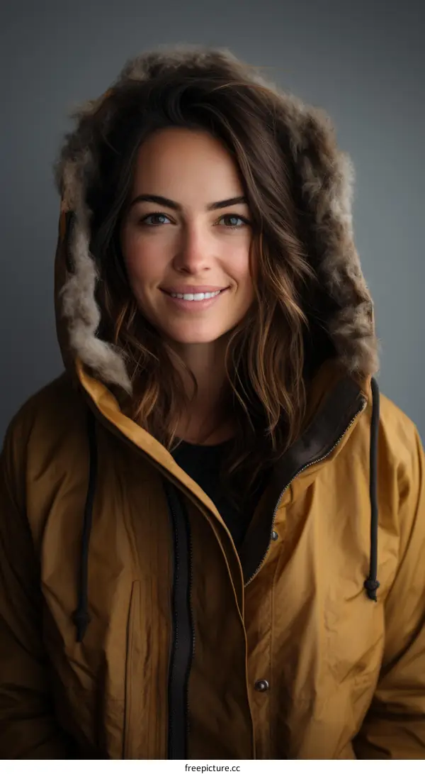 portrait of a smiling woman in a brown fur-lined hood