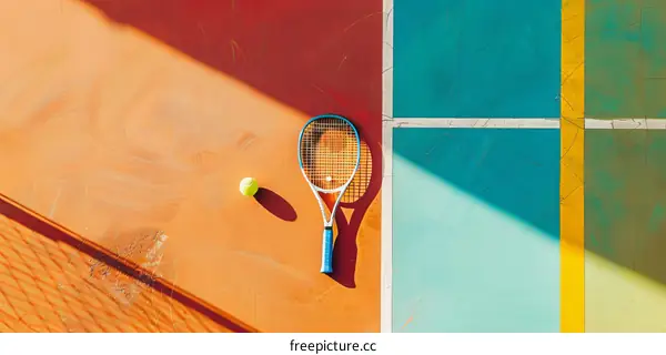A tennis racket and ball on a colorful court with a long shadow