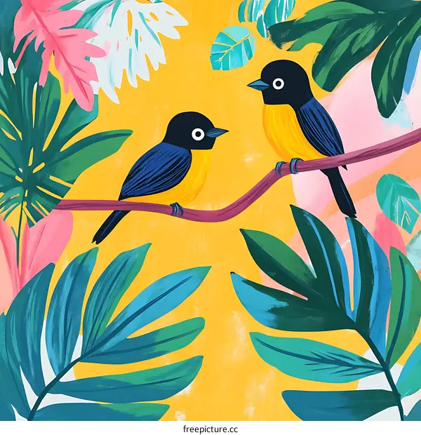 Two Birds on a Branch in a Tropical Forest