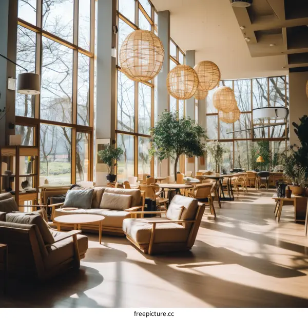 Modern bright restaurant interior with large windows