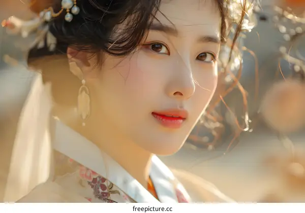Beautiful Asian Woman in Traditional Hanfu Dress Looking at the Camera