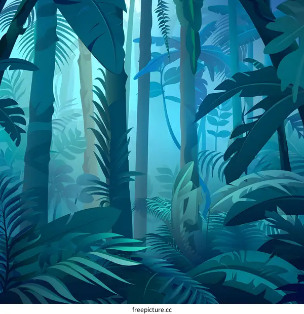 Tropical Jungle Scene with Lush Greenery and Fog