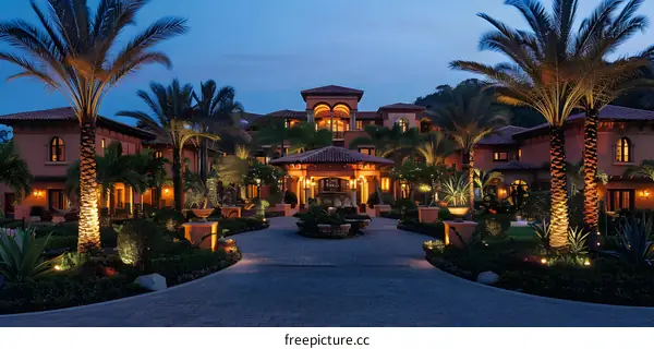 Luxury house with palm trees at sunset