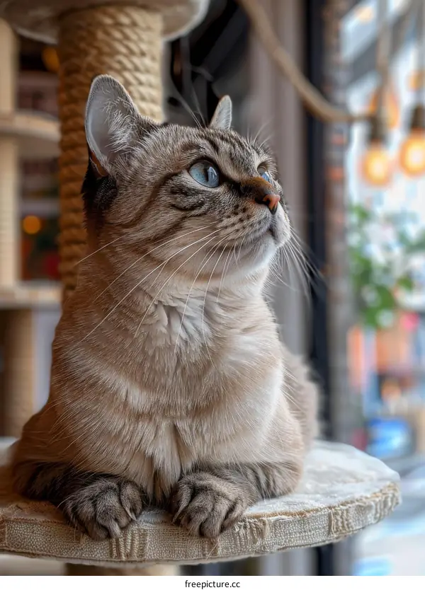 A cute tabby cat is sitting on a cat tree and looking out the window