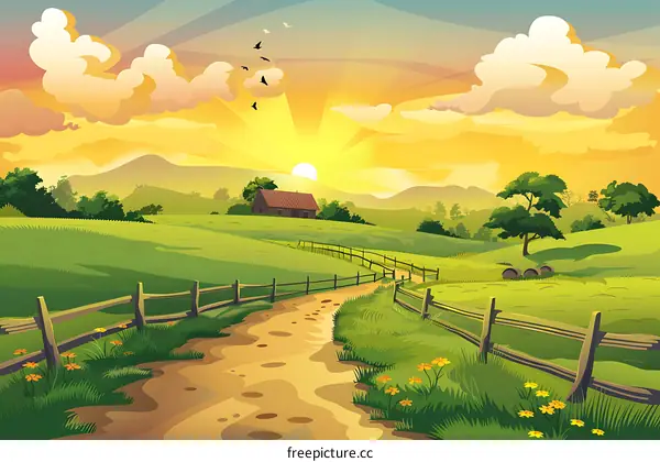 Beautiful Countryside Sunset Landscape Illustration