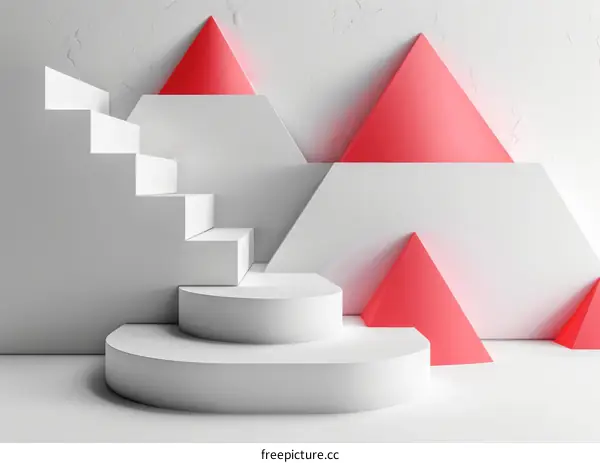 3D Render of Geometric Shapes in White and Red