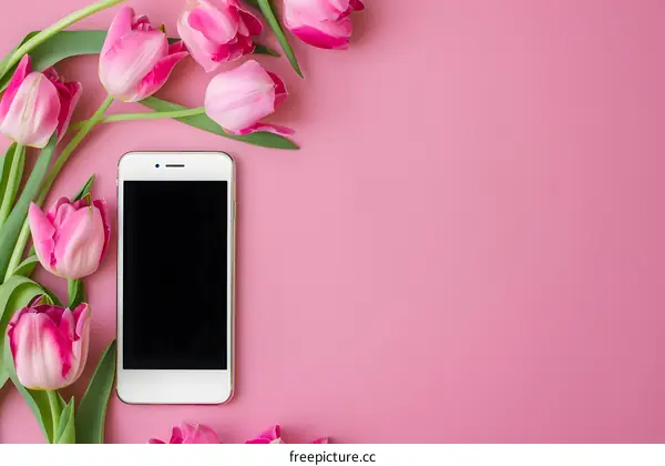 Pink Tulips with Smartphone on Pink Background