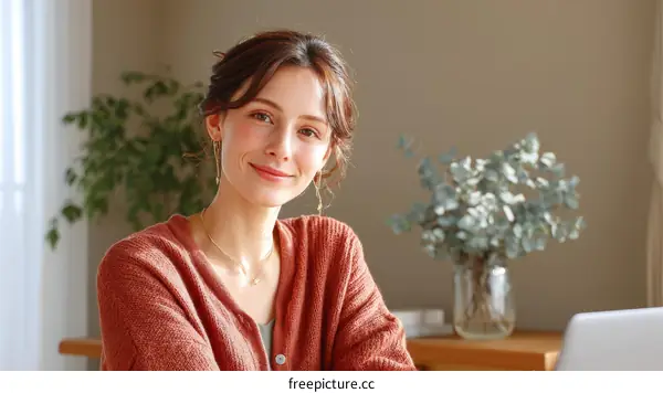 Smiling Woman in a Cozy Knitted Cardigan