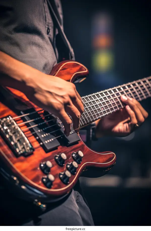 Close up of a musician playing an electric bass guitar