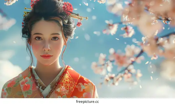 Portrait of a beautiful Japanese woman in traditional kimono with pink cherry blossom background