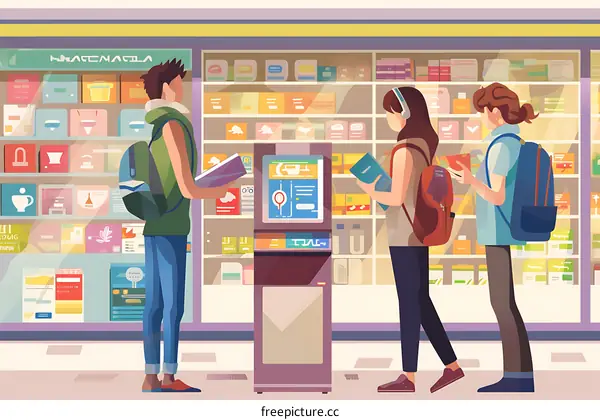 Three People Waiting in Line at a Convenience Store
