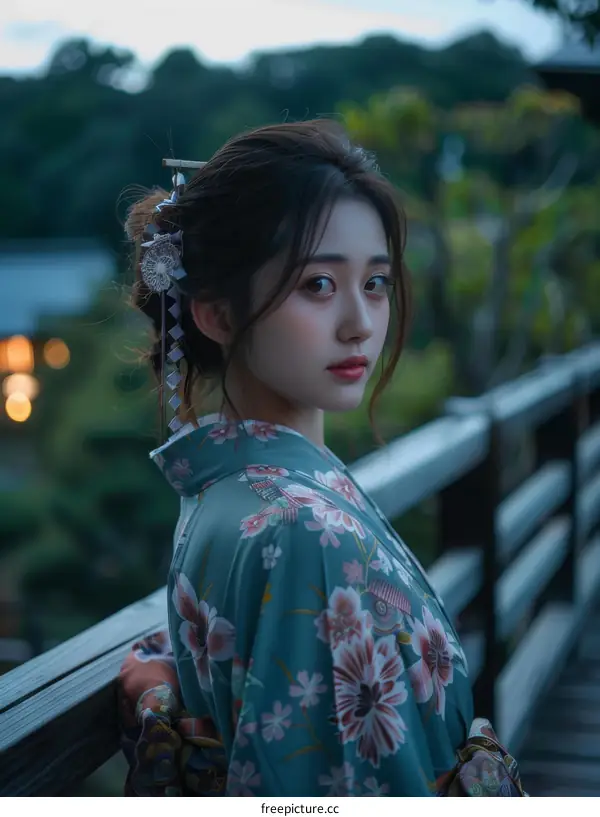 Japanese Woman in a Kimono Posing in a Garden