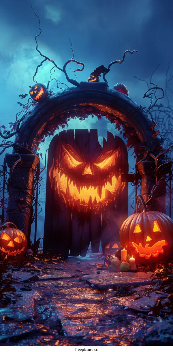 Spooky Halloween Doorway with Jack-o'-Lanterns