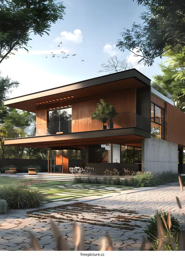 The modern house with large glass windows is surrounded by trees and has a beautiful garden
