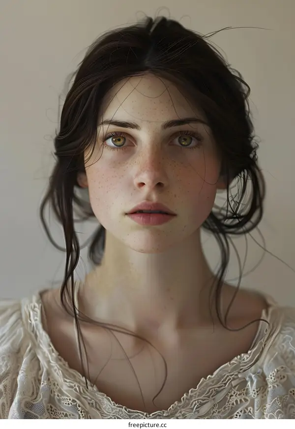 Portrait of a Woman with Freckles and Brown Hair