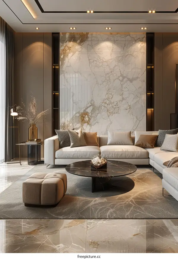 Modern Living Room Interior Design With Marble Wall And Comfortable Sofa