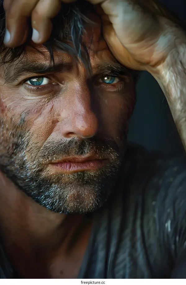 Close Up Portrait of a Man with Blue Eyes and a Scruffy Beard