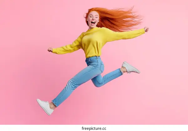 Joyful Caucasian Woman in Mid-Air Jump