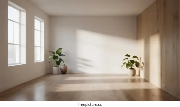 Bright and empty room with natural light and indoor plants