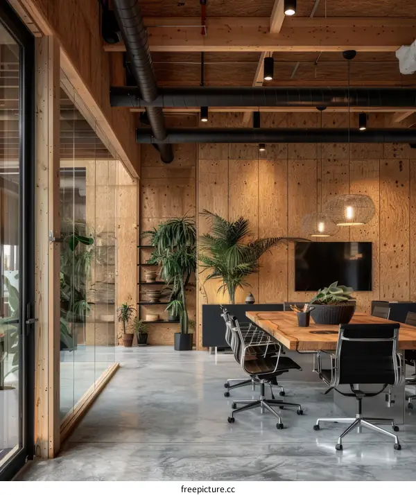 Modern office interior with wooden walls and large conference table