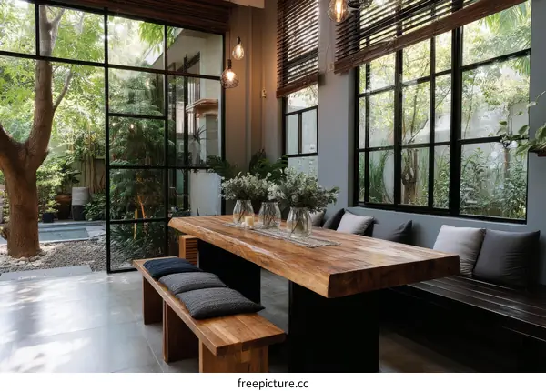 Modern Wooden Dining Area with Large Windows