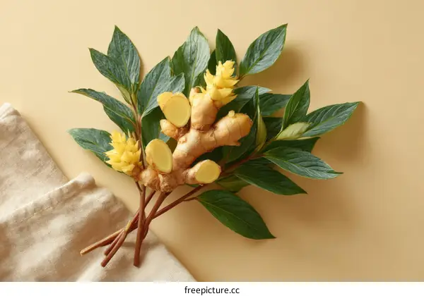 Fresh Ginger Roots with Leaves on a Beige Background