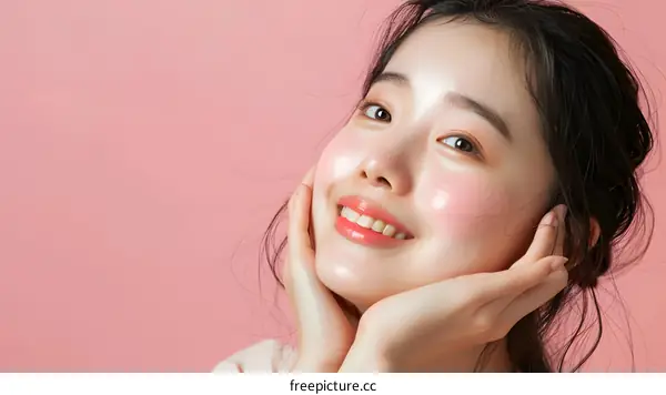 Smiling Woman with Pink Face Mask on Pink Background