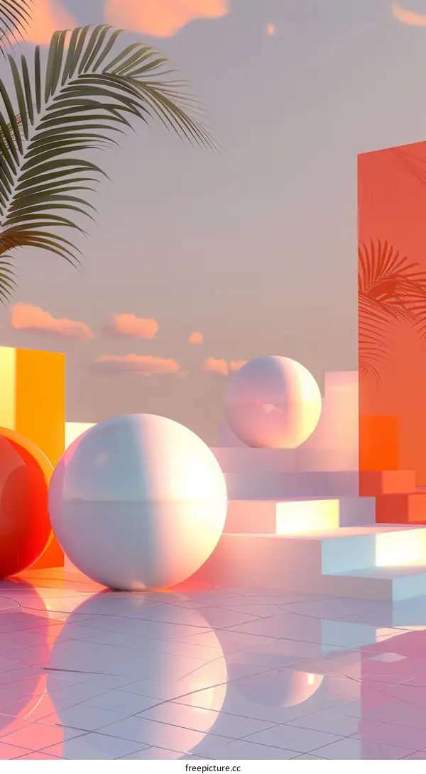 3D rendering of a surreal landscape with geometric shapes and a palm tree