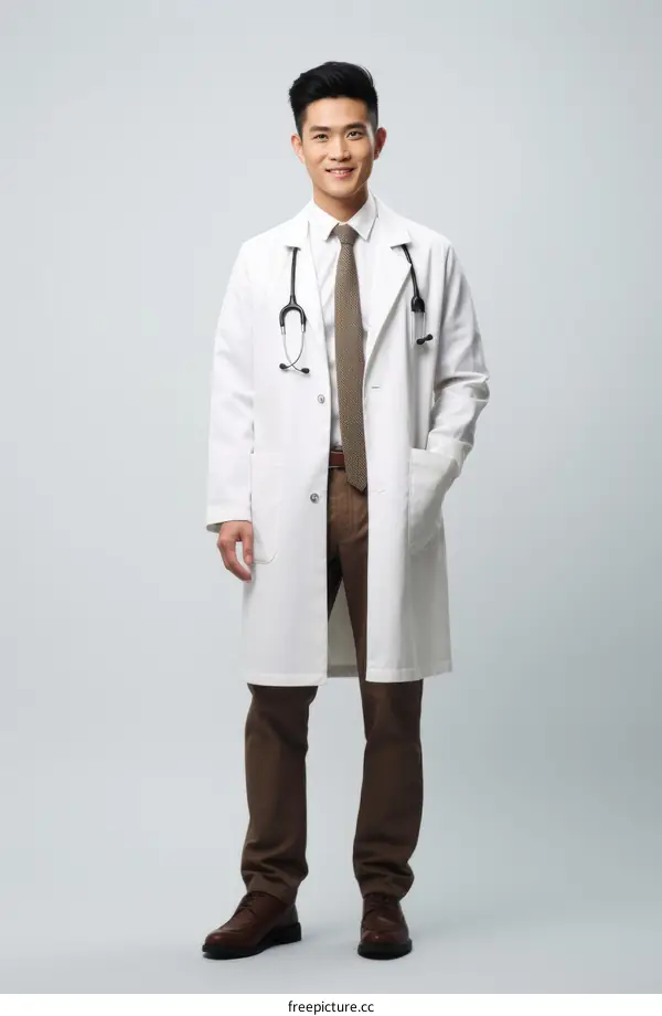 Asian doctor in white coat and brown pants