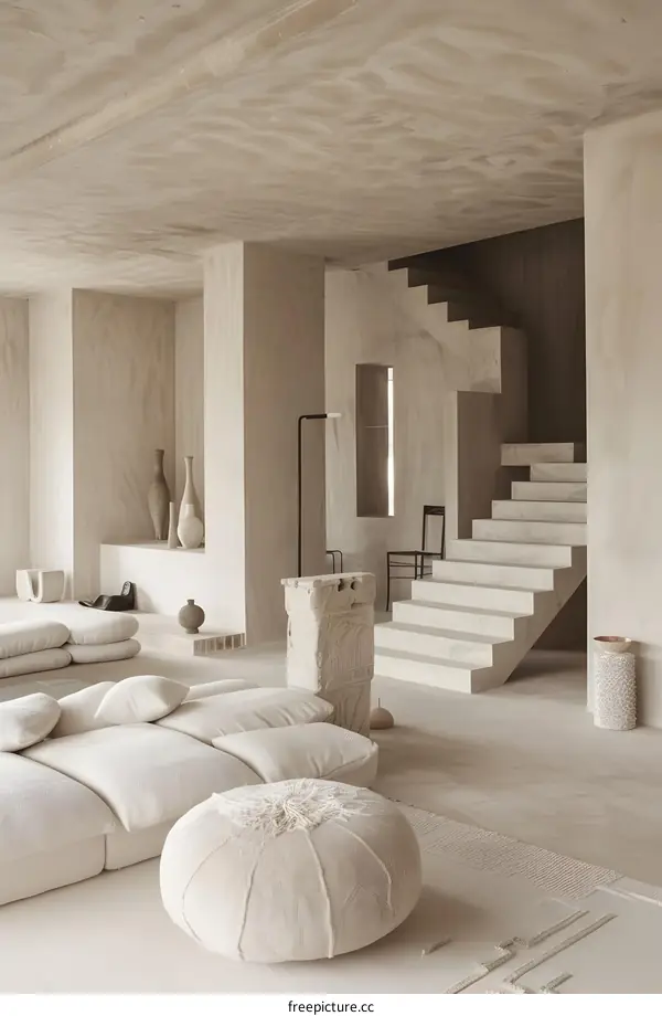 Modern Minimalist Living Room With White Sofa And Concrete Stairs