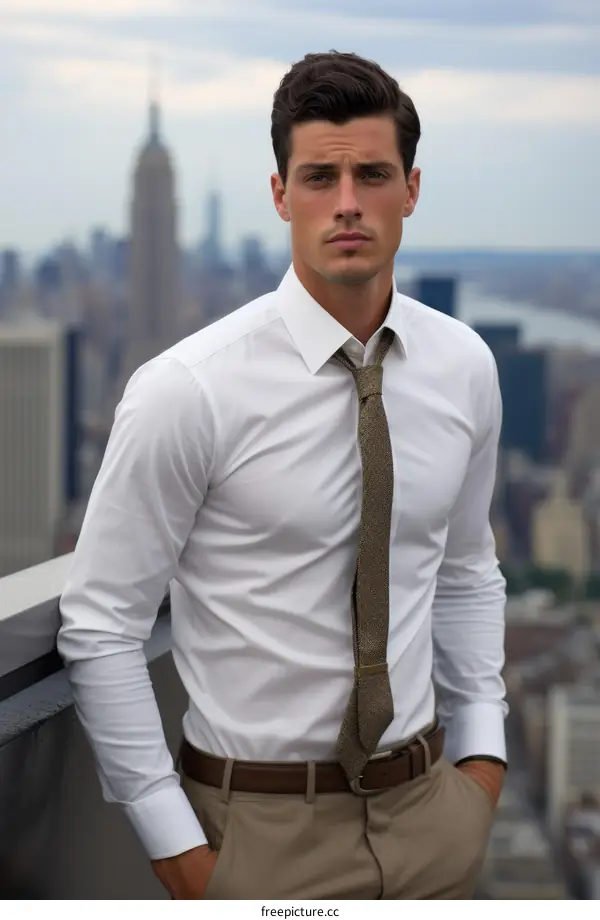 A man in a white shirt and brown pants is standing on a rooftop in New York City.