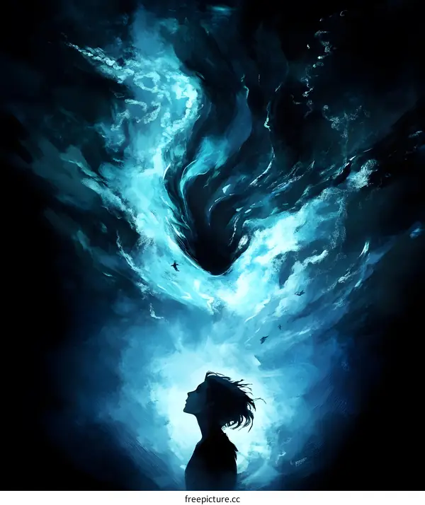 Abstract Silhouette of a Woman Looking Up at the Sky with a Blue Swirling Vortex