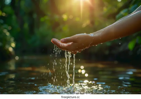 Water flowing through a person's hand with a forest in the background