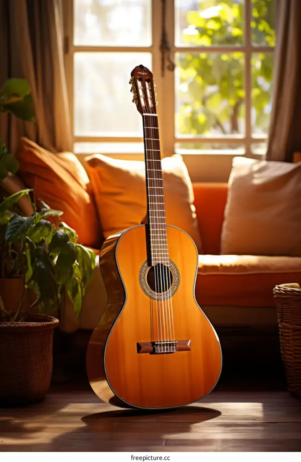 A classical guitar sits in front of a couch in a living room.