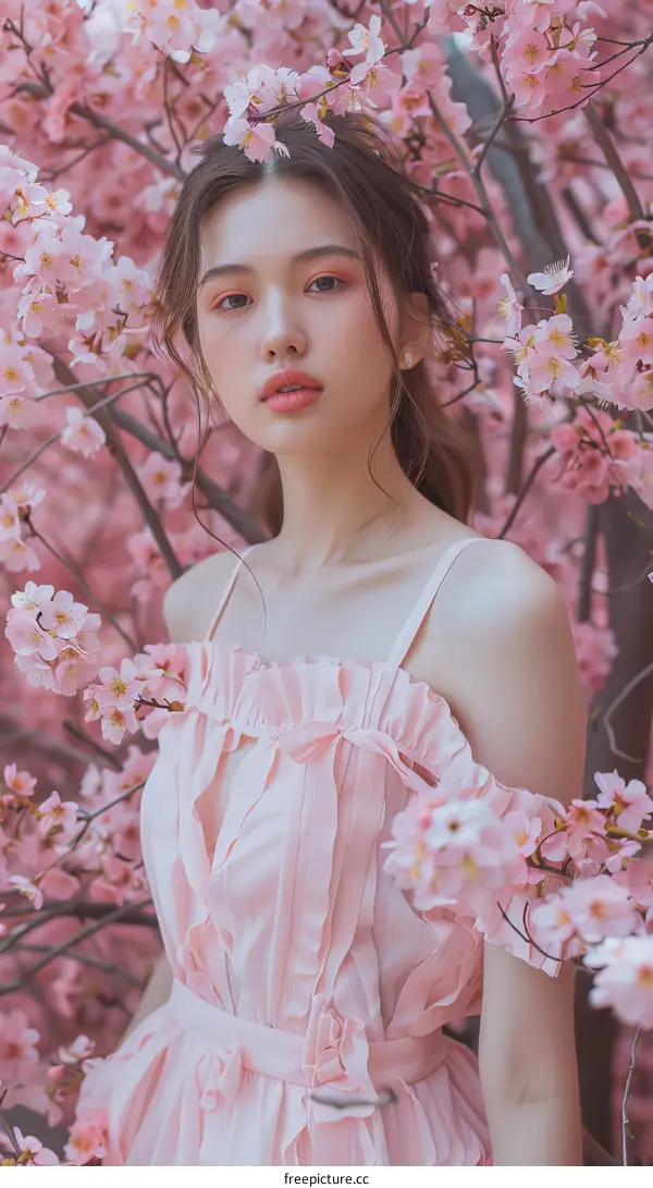 Beautiful Asian Woman in Pink Dress among Cherry Blossoms