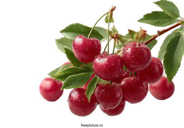 [Transparent Background PNG]Fresh Cherries Branch with Water Drops